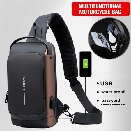 USB charging sport sling Anti-theft shoulder bag (brown shape ) - Image 2