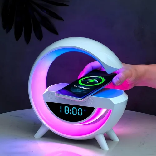 All-in-One Wireless Speaker with RGB Lights, Fast Charging & FM Radio – G-Shape Design